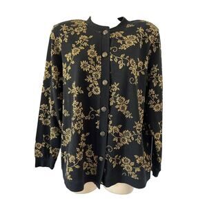 Ecco Bay Vintage Black & Gold Metallic Floral Cardigan Sweater Women’s Size M